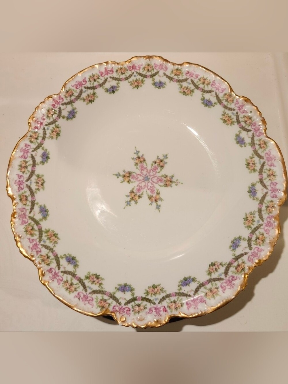 Limoges Porcelain Floral Gold-Trim Serving Bowl - White with Pink & Green